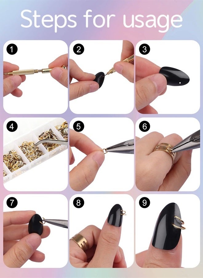 TOROKOM 1014 Pcs Nail Art Dangle Charms Piercing Tool Hand Drill, TOROKOM 6 Sizes 4 Colors Open Jump Rings for Jewelry Making with Jump Ring Opener, Nail Charms Nail Jewelry Rings with Pliers and Tweezers - Image 4