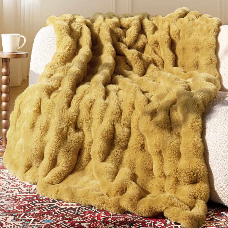 blunique Ultra Soft Cozy Faux Fur Throw Blanket, Fuzzy Plush Thick Bubble Blanket, Oversize Luxury Fluffy Blanket for Couch, Sofa, Bedroom, and Living Room,50x60 Inches, Dark Yellow - Image 1