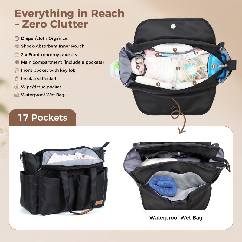 Lekebaby Diaper Bag Tote for Baby - 17 Pockets Large Travel Diaper Waterproof Tote with Portable Changing Pad, Mom Crossbody Hospital Bag for Labor Delivery, Baby Essentials for Newborn Gifts, Black - Image 2