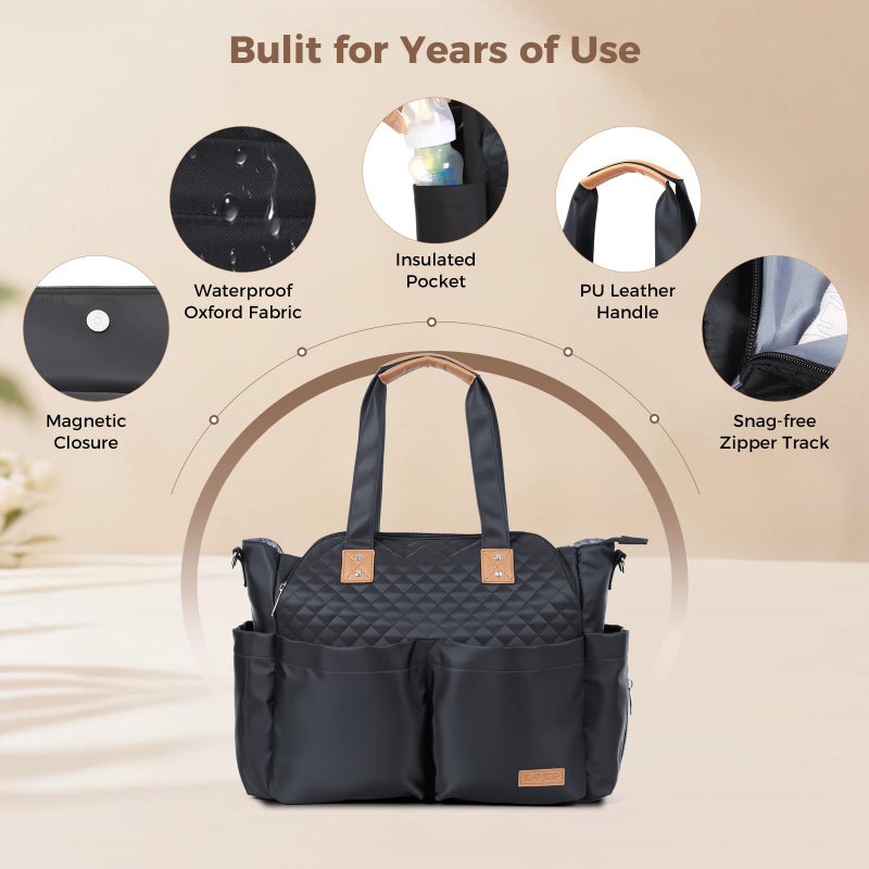 Lekebaby Diaper Bag Tote for Baby - 17 Pockets Large Travel Diaper Waterproof Tote with Portable Changing Pad, Mom Crossbody Hospital Bag for Labor Delivery, Baby Essentials for Newborn Gifts, Black - Image 4
