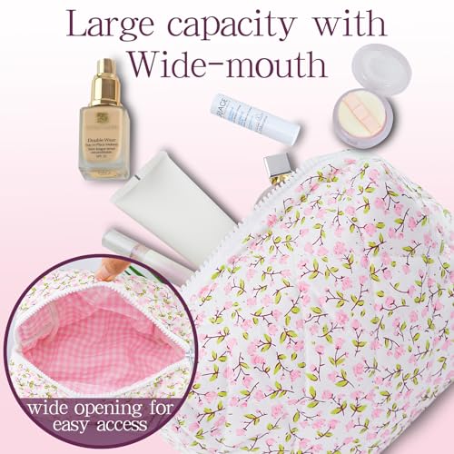 GISMTR Quilted Makeup Bag Floral Cotton Make up Bag Puffy Coquette Makeup pouch Aesthetic Cute Travel Toiletry Bag for Women Girls - Image 3