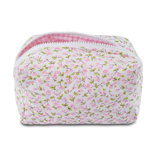 GISMTR Quilted Makeup Bag Floral Cotton Make up Bag Puffy Coquette Makeup pouch Aesthetic Cute Travel Toiletry Bag for Women Girls - Image 1