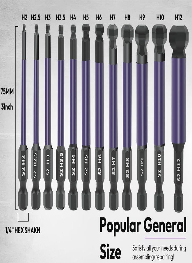 Saipe 12pcs Ball End Hex Bit Set, 75mm/3" Length Ball End Hex Screwdriver Bit Set, Magnetic 1/4 Inch Hex Shank Ball End Hex Head Allen Wrench Drill Bit Set, S2 Steel Hex Key Ball End Bit - Image 4