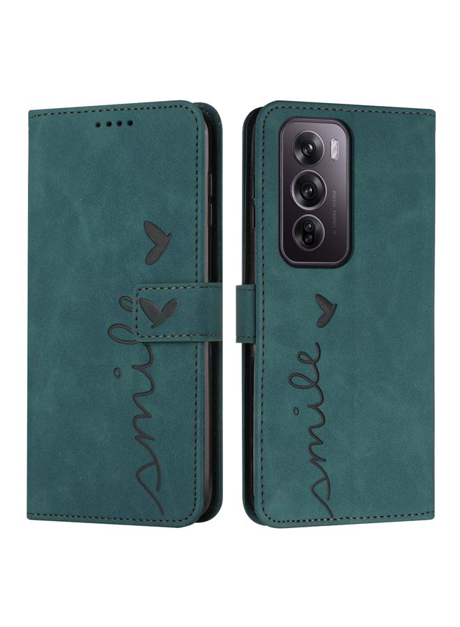 Green Tiger For OPPO Reno12 Pro Global Skin Feel Heart Embossed Leather Phone Case with Long Lanyard(Green)