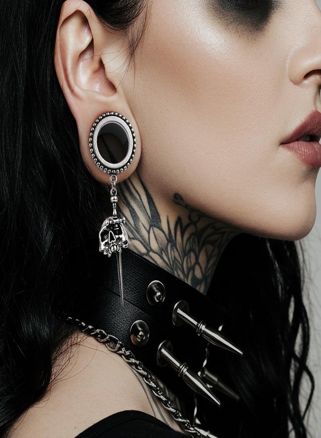 COOEAR Gauges for Earrings, Skull Sword Dangle Plugs and Tunnels, Screw Back Piercing Expander 0g. - Image 2