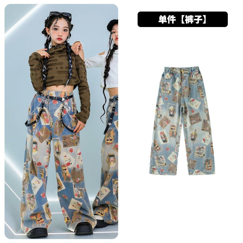 Jazz Dance Girls Clothing, Navel-Baring Mesh Fake Two-Piece Jeans Suit, Fashionable Street Catwalk, Hip-Hop Trendy Clothing for Women Poker jeans