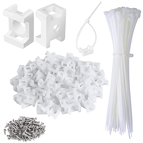 XHF 100 Pcs Cable Zip Tie Saddle Type Mounts Base with 100 Pcs 8" Cable Ties and 100 Pcs Tapping Screw, Wire Cable Clips Organizer Holders Clamps White - Image 1