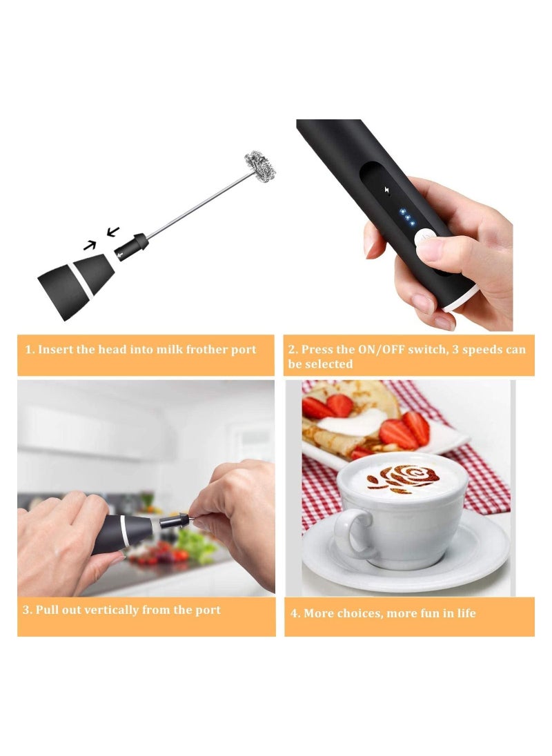 Milk Frother, Immersion Blender Cordless Foam Maker USB Rechargeable Small Mixer Handheld with 2 Stainless Whisks，Wisker for Stirring 3-Speed Adjustable Mini Frother for Cappuccino Latte Coffee Egg
