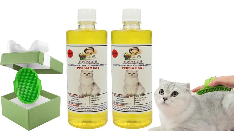 Swacch Persian Cat Shampoo -500ml (Pack of 2) (Lemon) + Bath Brush with Adjustable Straps Combo Pack - Image 1