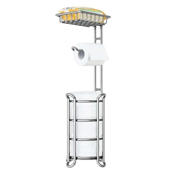 TOILET PAPER HOLDER STAND TOILET TISSUE ROLL HOLDER WITH SHELF FOR BATHROOM STORAGE HOLDS PHONE WIPE MEGA ROLLSSHINY CHROME