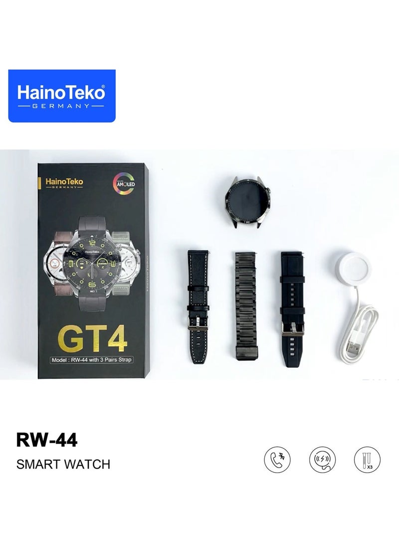 Haino Teko - Haino Teko RW44 Round Screen AMOLED Display Smart Watch With 3 Pair Straps and Wireless Charger For Gents and Boys - Image 1