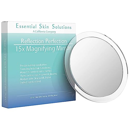 Essential Skin Solutions 15X Magnifying Mirror – Use for Makeup Application - Tweezing – and Blackhead/Blemish Removal – 6 Inch Round Mirror with Three Suction Cups for Easy Mounting - Great for Travel - Image 1
