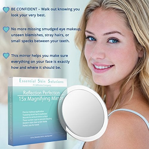 Essential Skin Solutions 15X Magnifying Mirror – Use for Makeup Application - Tweezing – and Blackhead/Blemish Removal – 6 Inch Round Mirror with Three Suction Cups for Easy Mounting - Great for Travel - Image 4