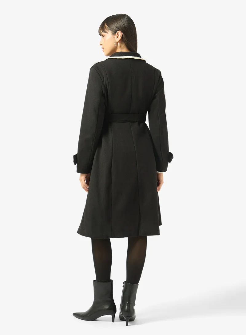 Ginger  Woolen Longline Trench Coat with Contrast Trim Detail for Women | Best Price UAE