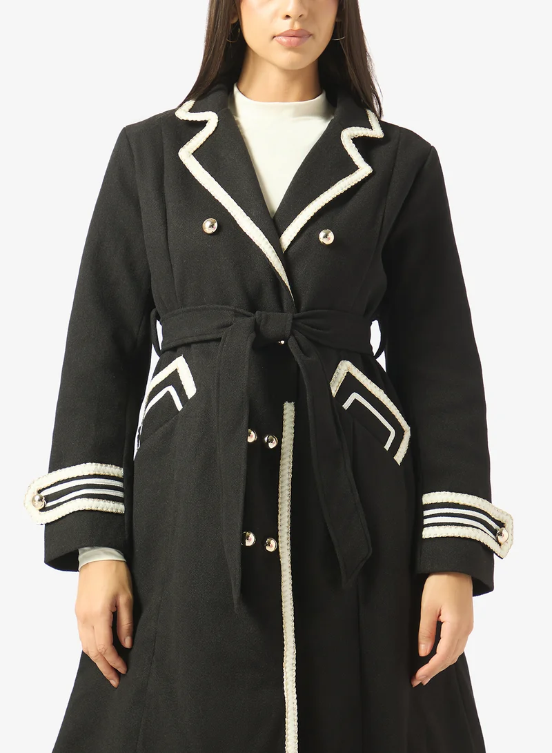 Ginger  Woolen Longline Trench Coat with Contrast Trim Detail for Women | Best Price UAE