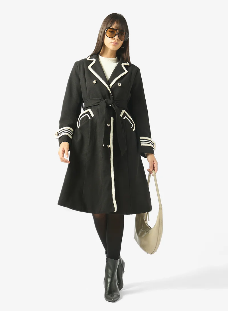 Ginger  Woolen Longline Trench Coat with Contrast Trim Detail for Women | Best Price UAE