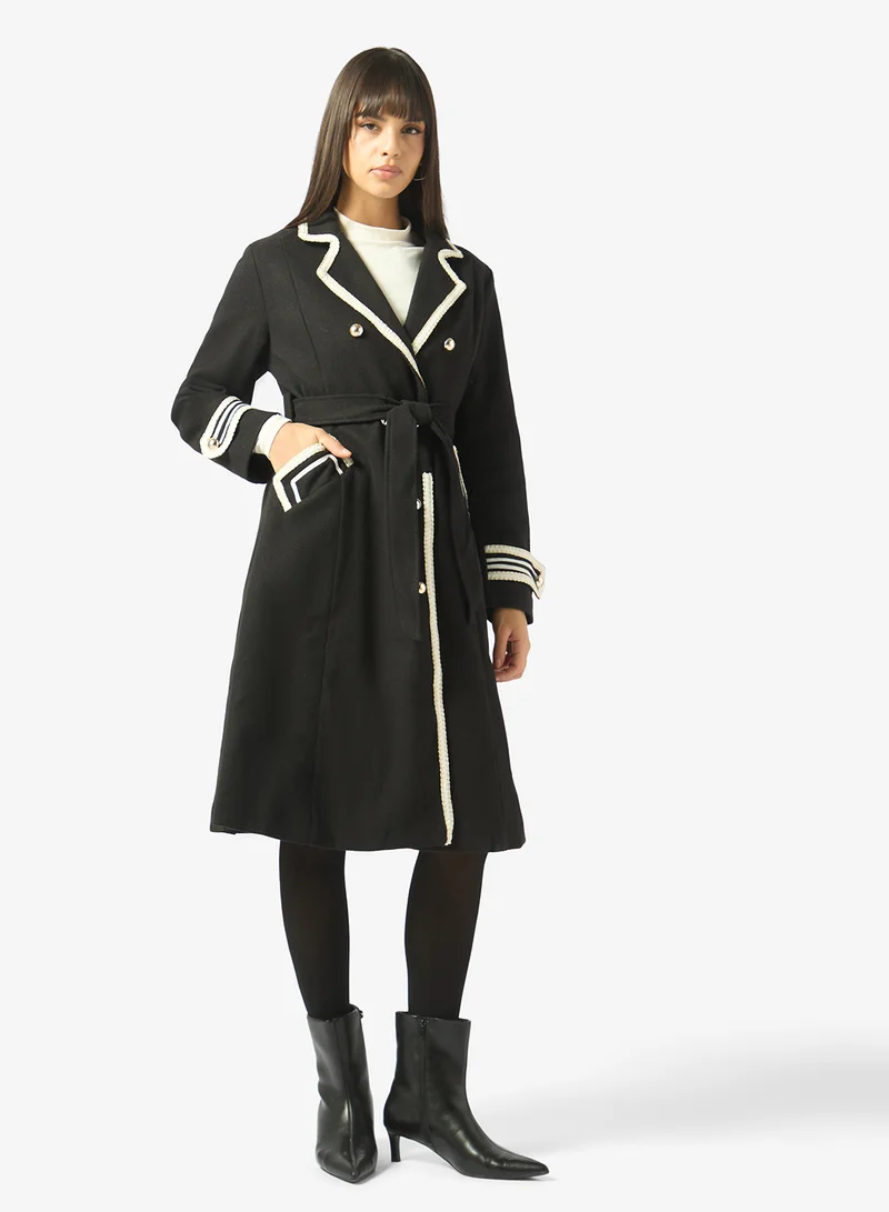 Woolen Longline Trench Coat with Contrast Trim Detail