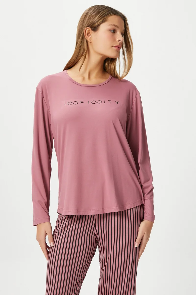 ريتنيس Women's Infinity Extra Soft Dusty Rose Crew Neck Striped Pajama Set