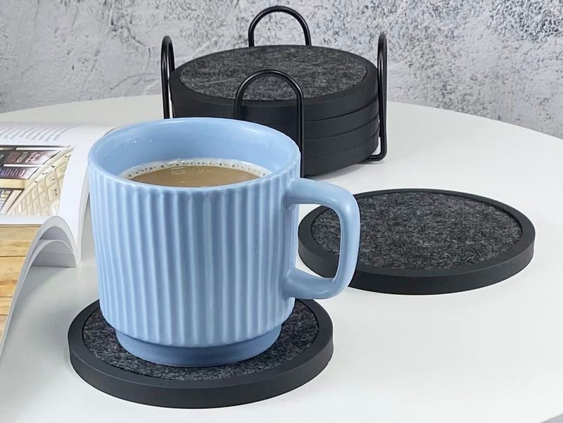 MECOWON Absorbent Coasters for Drinks with Holder - 6packs, Silicone Coaster with Soft Felt Insert (4.3 inch Coasters with 4.5 inch Holder, Black and White) - Image 5