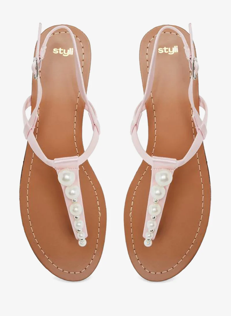 Styli Pearl Embellished Flat Sandals