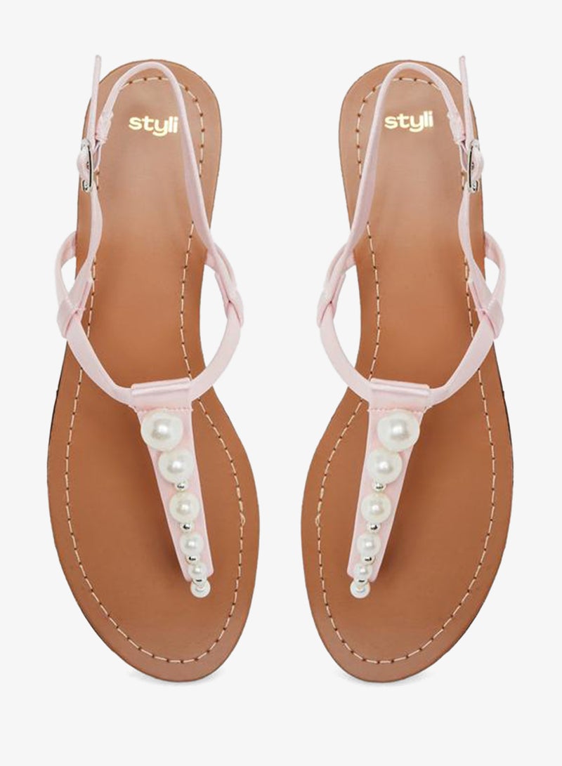Styli Pearl Embellished Flat Sandals - Image 5