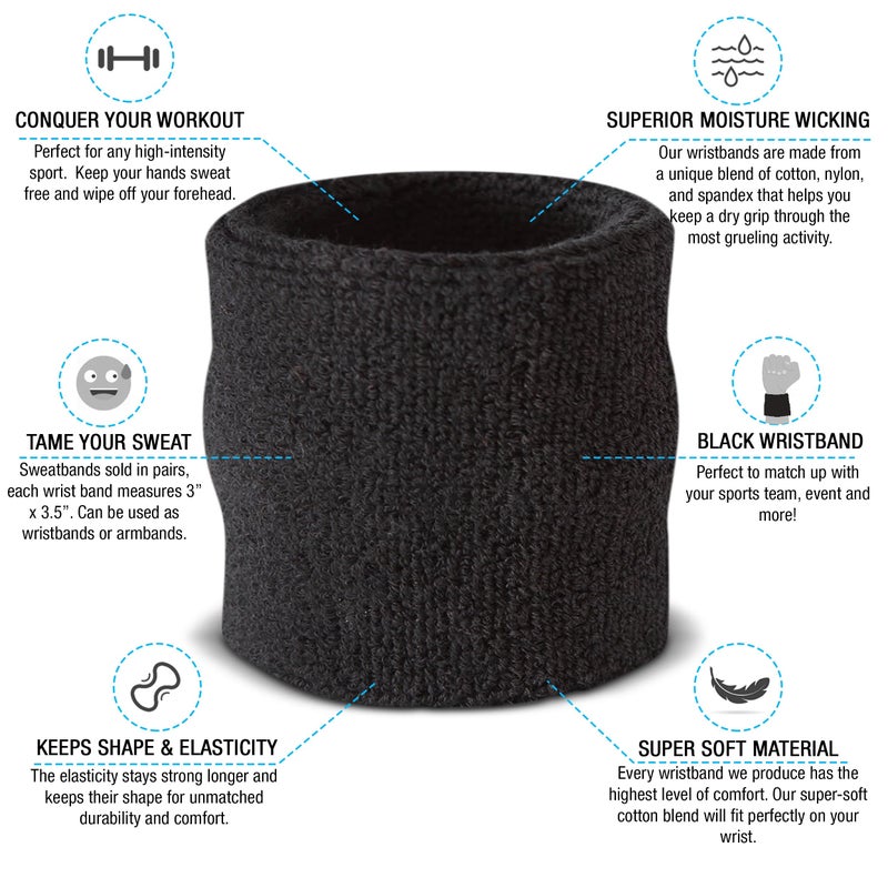 Suddora Wrist Sweatbands, Absorbent and Breathable Thick Cotton Bands for Working Out, Gymnastics, Basketball, Tennis, and Football, Multiuse Wristbands for Costumes and Cosplay, Black - Image 2