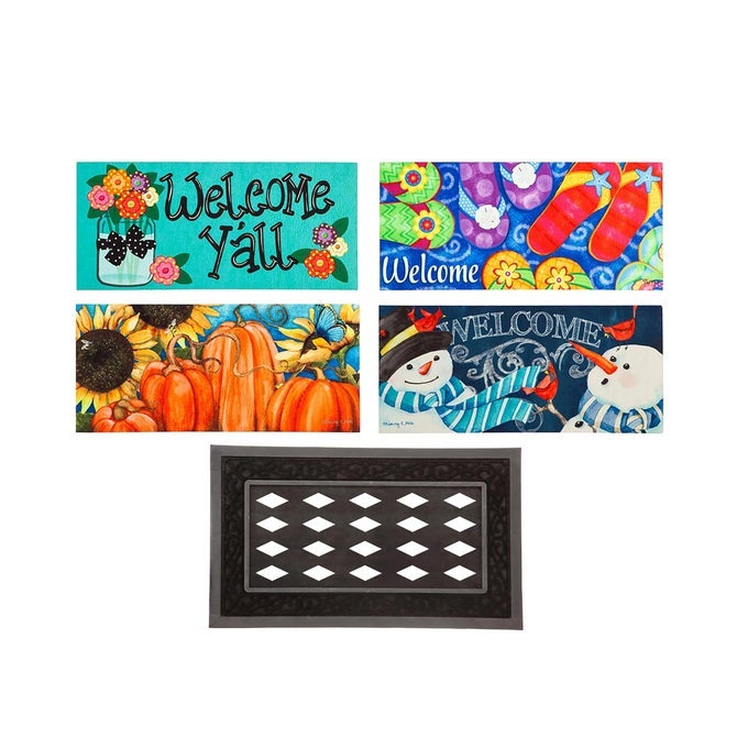 SASSAFRAS BUNDLE SET OF 5 SEASONAL INTERCHANGEABLE ENTRANCE DOORMATS INDOOR AND OUTDOOR 22 X 10 INCH DOORMATS AND 28IN X 16IN TRAY NONSLIP BACKING LOW PROFILE HOME DECOR