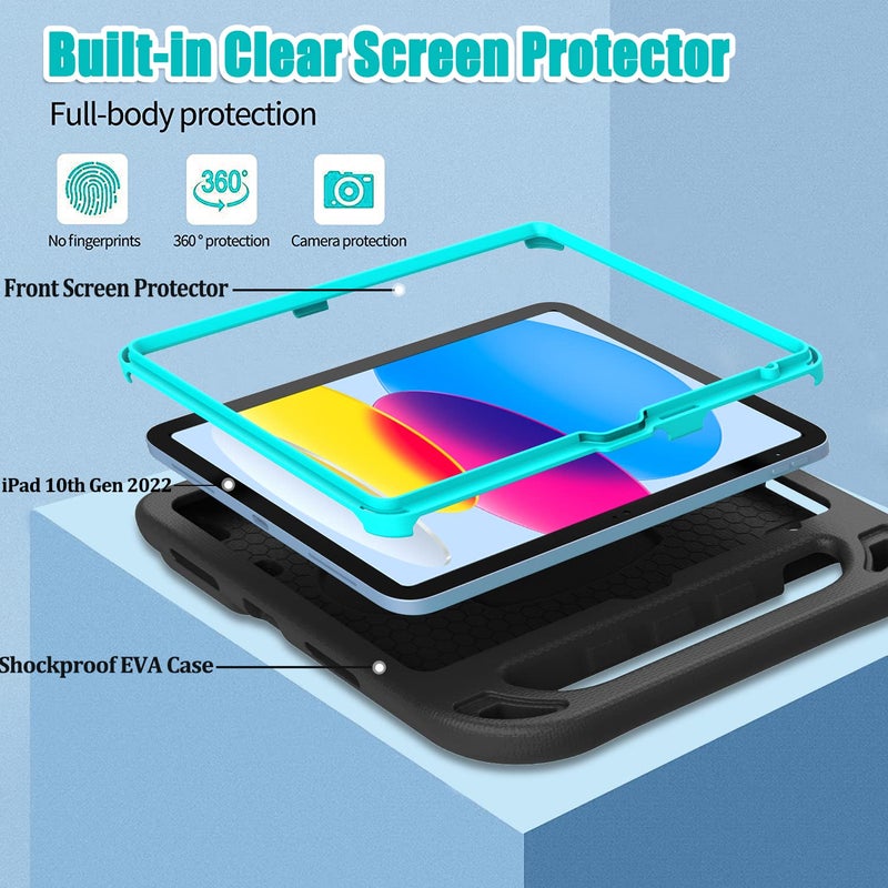 BMOUO Kids Case for iPad 11th Generation (A16) 11 Inch 2025/iPad 10th Generation 10.9" 2022 - with Screen Protector, Shockproof Handle Stand iPad 11th/10th Generation Case for Kids, Black Turquoise - Image 3