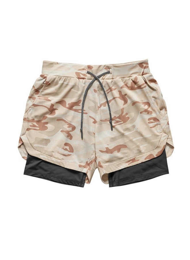 Generic Mens Running Shorts Workout Running Shorts for Men 2 in 1 Stealth Shorts Gym Yoga Outdoor Sports Shorts L Camouflage Khaki - Image 1