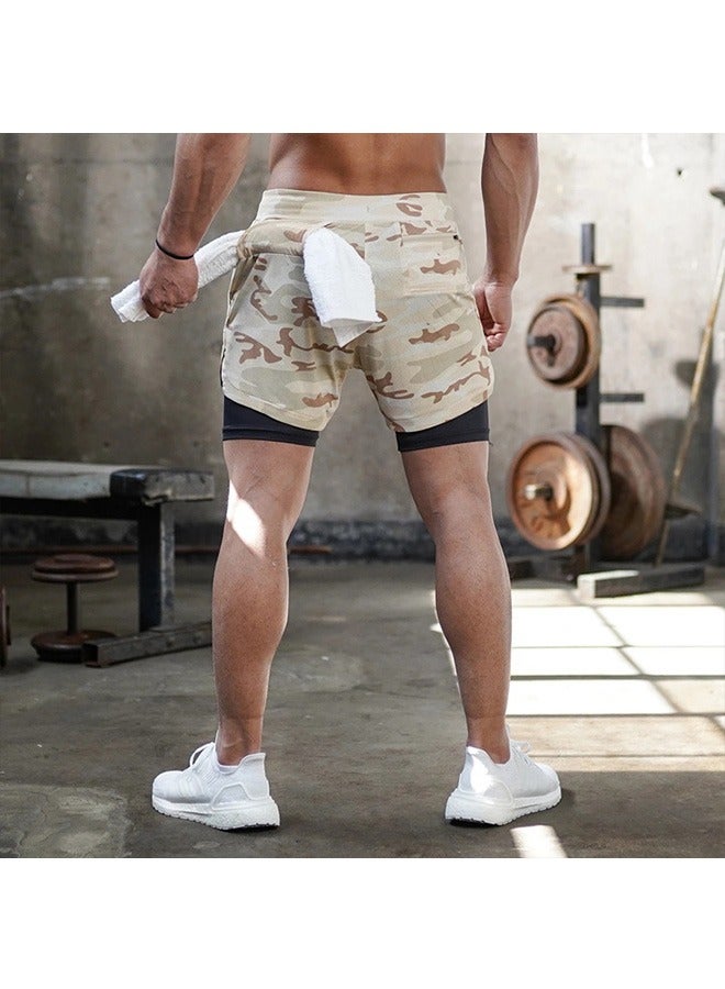 Generic Mens Running Shorts Workout Running Shorts for Men 2 in 1 Stealth Shorts Gym Yoga Outdoor Sports Shorts L Camouflage Khaki - Image 3