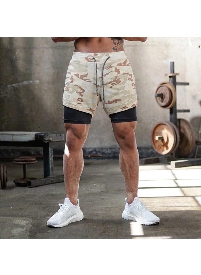 Generic Mens Running Shorts Workout Running Shorts for Men 2 in 1 Stealth Shorts Gym Yoga Outdoor Sports Shorts L Camouflage Khaki - Image 4