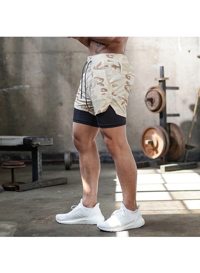 Generic Mens Running Shorts Workout Running Shorts for Men 2 in 1 Stealth Shorts Gym Yoga Outdoor Sports Shorts L Camouflage Khaki - Image 5