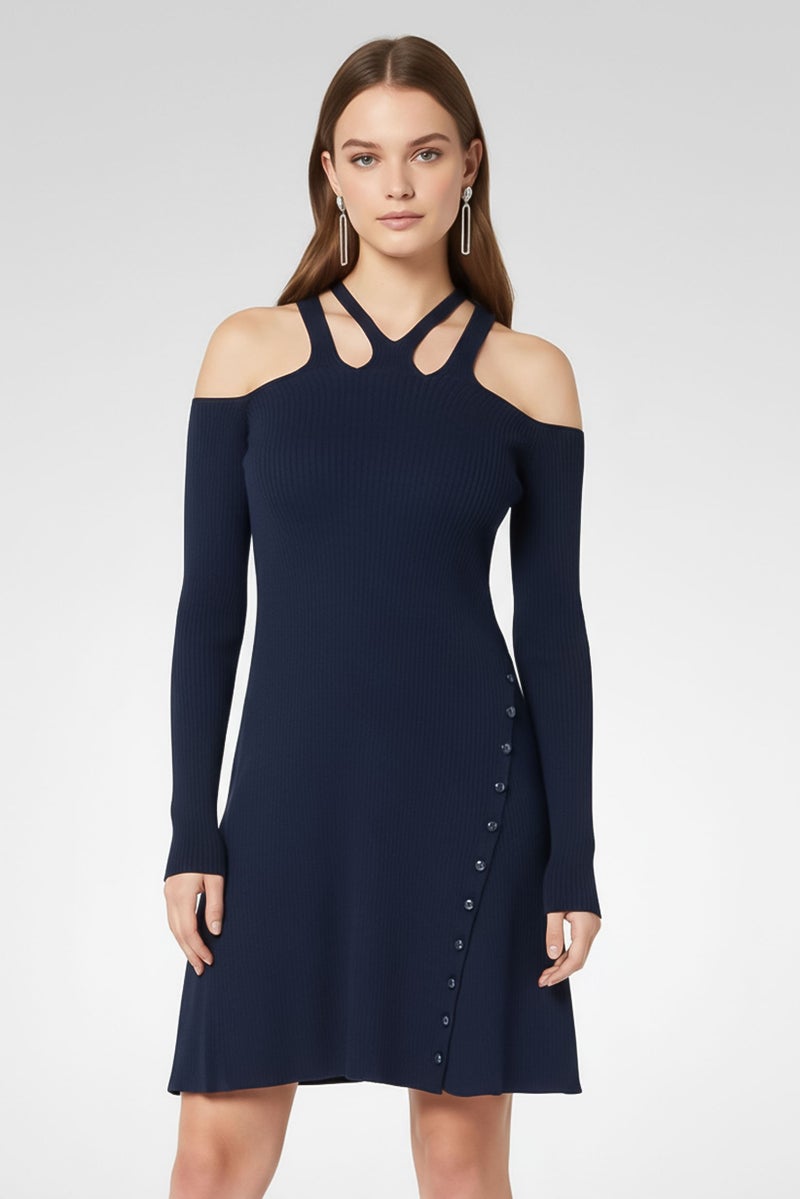 PINKO Women Ribbed A-Line Dress, Navy Blue - Image 4