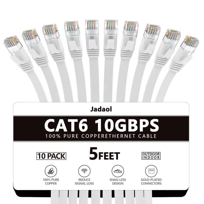 Jadaol Cat 6 Ethernet Cable 5ft 10-Pack, 10Gbps Support Cat8 Cat7 Network, Flat High Speed LAN Internet Patch Cables, Short Ethernet Cables for Router, Modem, Switch, PC, Laptop, Gaming Console, White - Image 1