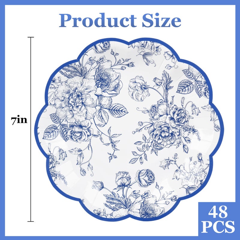 Elyxio 48 Pcs Blue Floral Party Plates Vintage Floral Leaf Disposable Paper Plates Wildflower Blue Toile 7" Scalloped Rim Dessert Plates for Birthday Bridal Garden Tea Party Supplies - Image 2