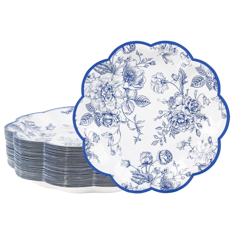 Elyxio 48 Pcs Blue Floral Party Plates Vintage Floral Leaf Disposable Paper Plates Wildflower Blue Toile 7" Scalloped Rim Dessert Plates for Birthday Bridal Garden Tea Party Supplies - Image 1