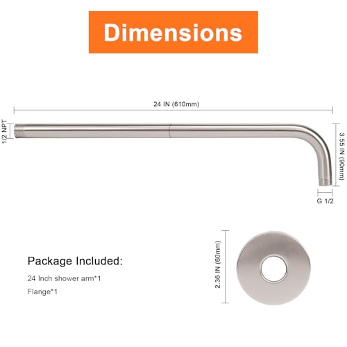 HarJue Shower Arm with Flange and Teflon Tape Wall Mounted Shower Pipe 304 Stainless Steel Extension Arm for Fixed Shower Head Handheld 24 Inch Brushed Nickel - Image 3