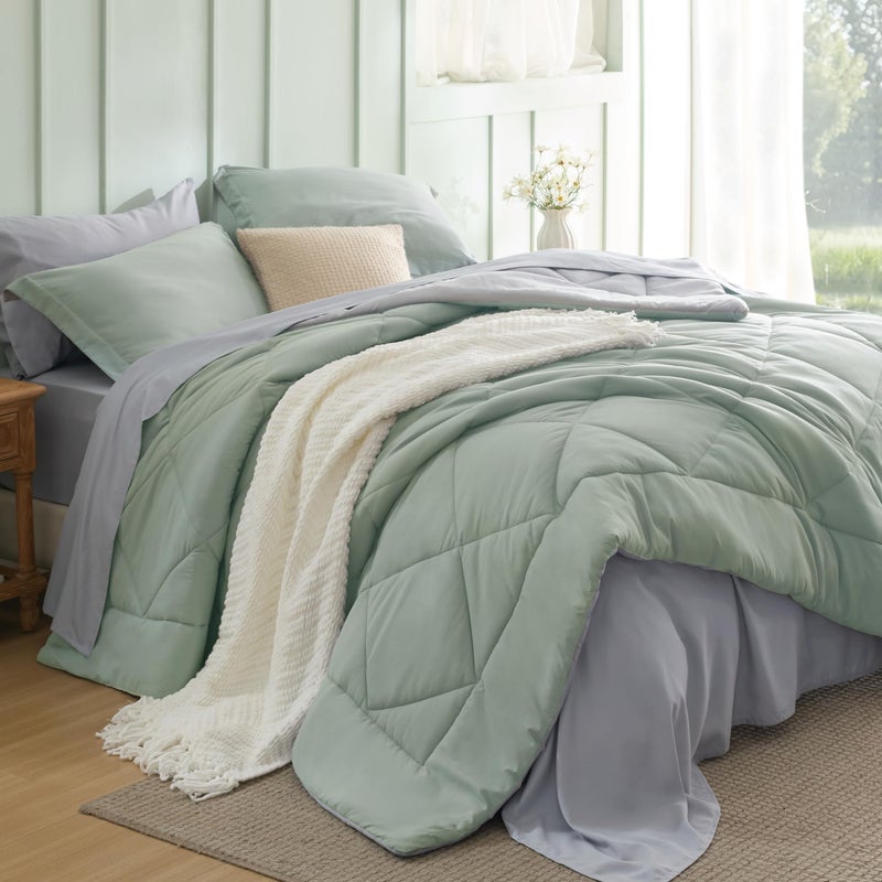Bedsure Bedsure Full Size Comforter Set  7 Pieces Reversible Sage Green Bedding Full Size Bed Set for All Seasons Bed in a Bag with Down Alternative Comforter Sheets Pillowcases  Shams 