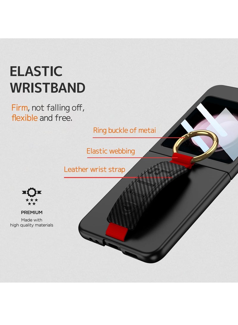 Excefore Samsung Galaxy Z Flip 6 Case,  with Strap & Camera Screen Protector, Shockproof Hard Ultra-Slim Protective Case with Ring, Carbon Fiber Samsung Z Flip 6 Phone Case (Black) - Image 5