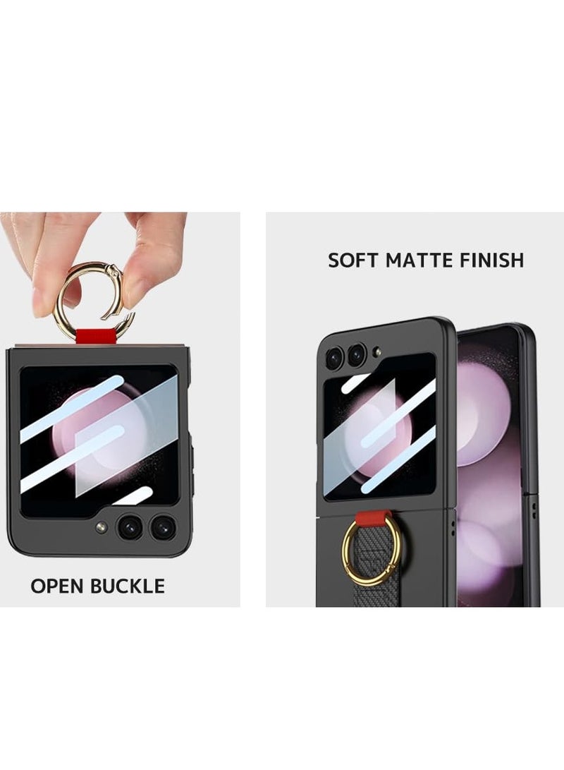 Excefore Samsung Galaxy Z Flip 6 Case,  with Strap & Camera Screen Protector, Shockproof Hard Ultra-Slim Protective Case with Ring, Carbon Fiber Samsung Z Flip 6 Phone Case (Black) - Image 3
