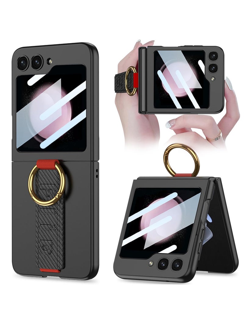 Excefore Samsung Galaxy Z Flip 6 Case,  with Strap & Camera Screen Protector, Shockproof Hard Ultra-Slim Protective Case with Ring, Carbon Fiber Samsung Z Flip 6 Phone Case (Black) - Image 1