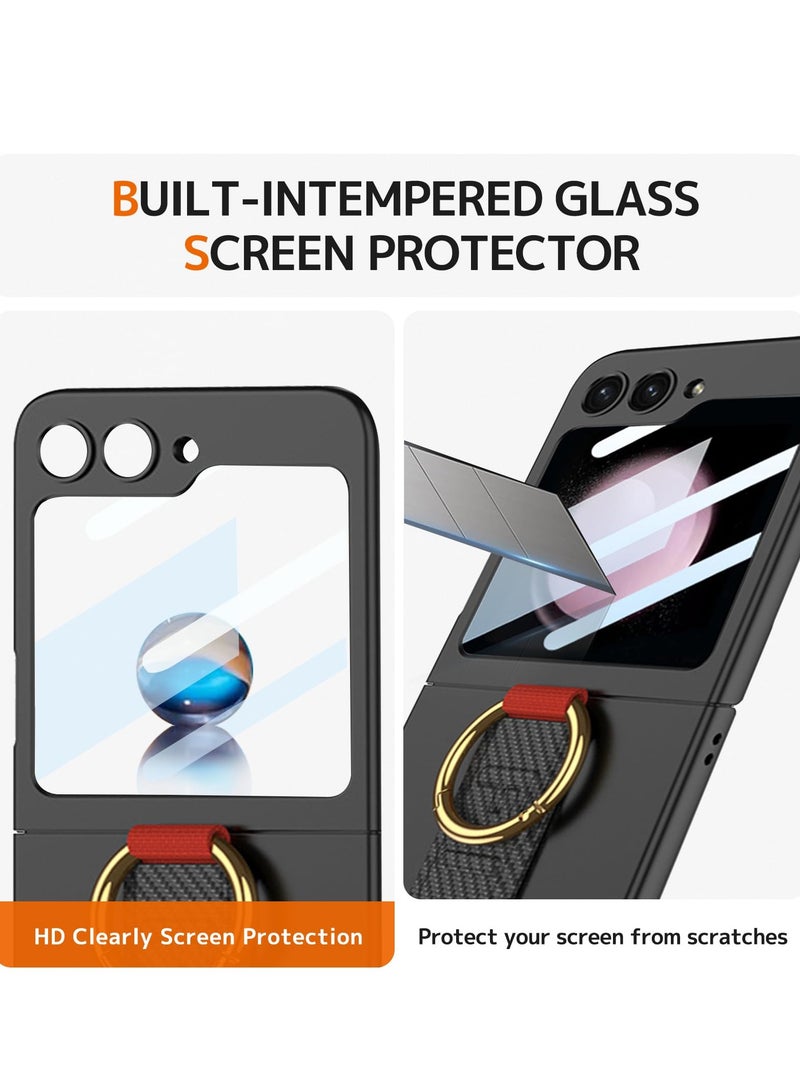 Excefore Samsung Galaxy Z Flip 6 Case,  with Strap & Camera Screen Protector, Shockproof Hard Ultra-Slim Protective Case with Ring, Carbon Fiber Samsung Z Flip 6 Phone Case (Black) - Image 2