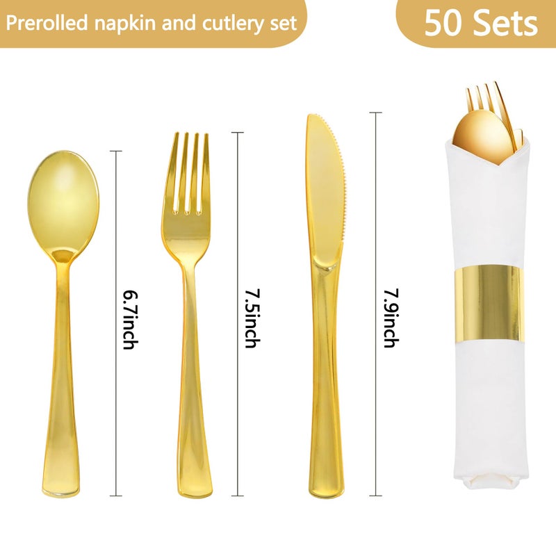 Dlebay 50 Pack Pre Rolled Gold Plastic Silverware Set  Wrapped Plastic Cutlery Set with Napkin Include 50 Forks  50 Spoons  50 Knives and 50 White Napkins for Party  Wedding - Image 2