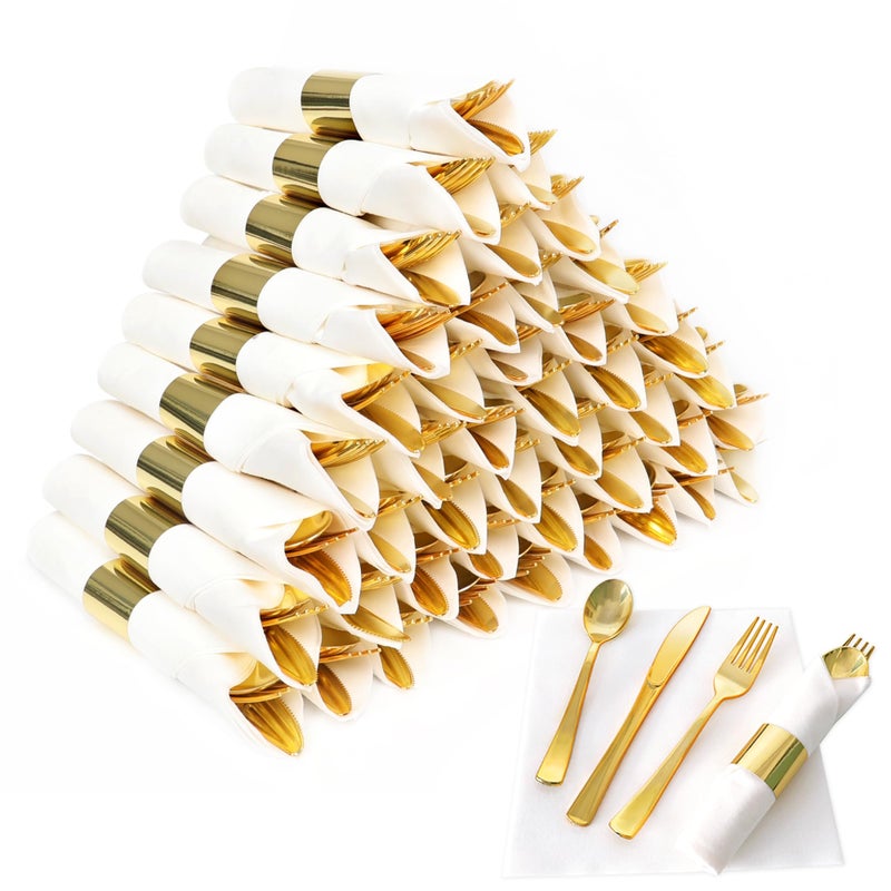 Dlebay 50 Pack Pre Rolled Gold Plastic Silverware Set  Wrapped Plastic Cutlery Set with Napkin Include 50 Forks  50 Spoons  50 Knives and 50 White Napkins for Party  Wedding - Image 1