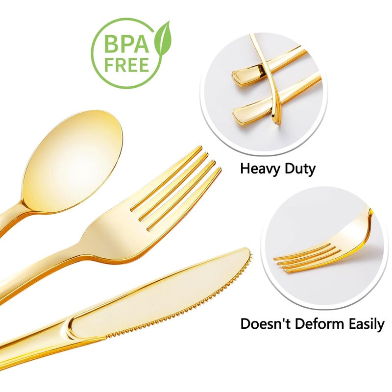 Dlebay 50 Pack Pre Rolled Gold Plastic Silverware Set  Wrapped Plastic Cutlery Set with Napkin Include 50 Forks  50 Spoons  50 Knives and 50 White Napkins for Party  Wedding - Image 3