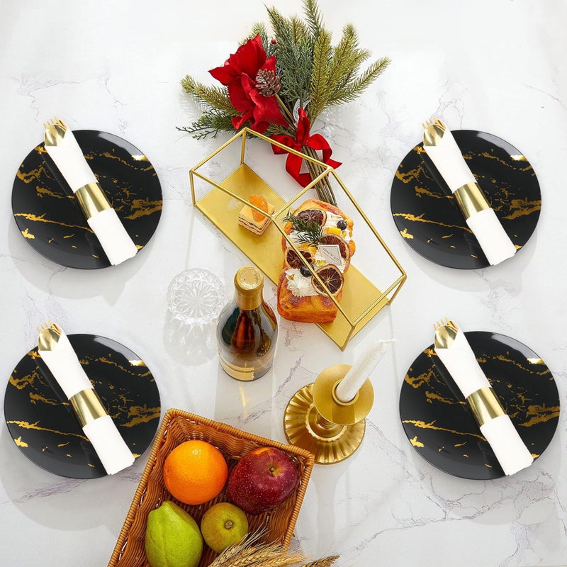 Dlebay 50 Pack Pre Rolled Gold Plastic Silverware Set  Wrapped Plastic Cutlery Set with Napkin Include 50 Forks  50 Spoons  50 Knives and 50 White Napkins for Party  Wedding - Image 5