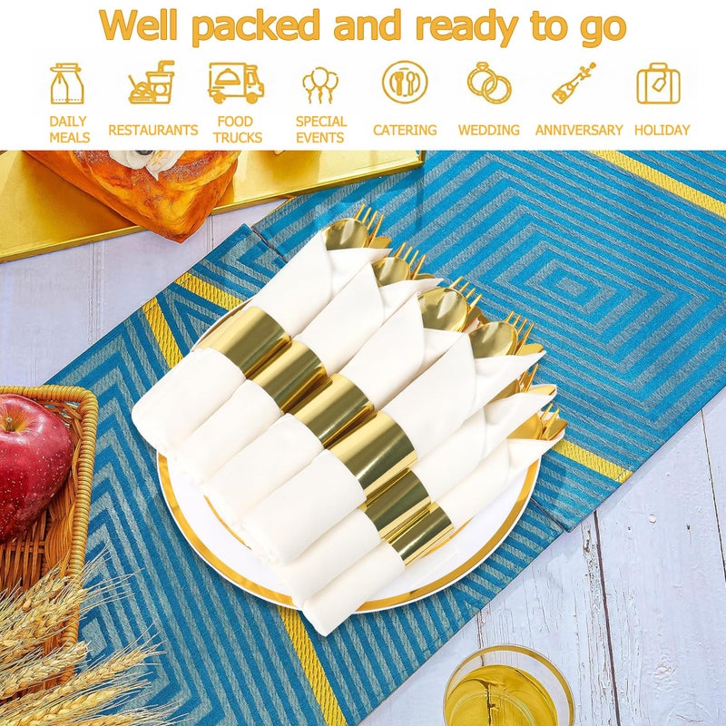 Dlebay 50 Pack Pre Rolled Gold Plastic Silverware Set  Wrapped Plastic Cutlery Set with Napkin Include 50 Forks  50 Spoons  50 Knives and 50 White Napkins for Party  Wedding - Image 4