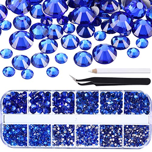 TecUnite 2000 Pieces Flat Back Gems Round Crystal Rhinestones 6 Sizes (1.5-6 mm) with Pick Up Tweezer and Rhinestones Picking Pen for Crafts Nail Face Art Clothes Shoes Bags DIY (Royal Blue) - Image 1