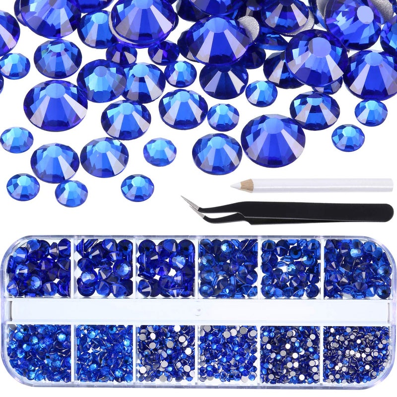TecUnite 2000 Pieces Flat Back Gems Round Crystal Rhinestones 6 Sizes (1.5-6 mm) with Pick Up Tweezer and Rhinestones Picking Pen for Crafts Nail Face Art Clothes Shoes Bags DIY (Royal Blue) - Image 4