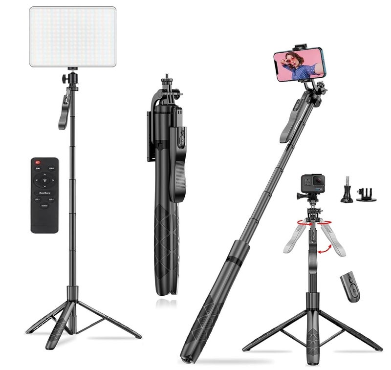 FKU L16 61" Tall Selfie Stick Aluminum Tripod Stand with Remote &10 INCH Photography Squre Panal Light with Remote, Phone Holder Compatible with iPhone/Android/GoPro (L16+10INCH Squre PANAL Light) - Image 1